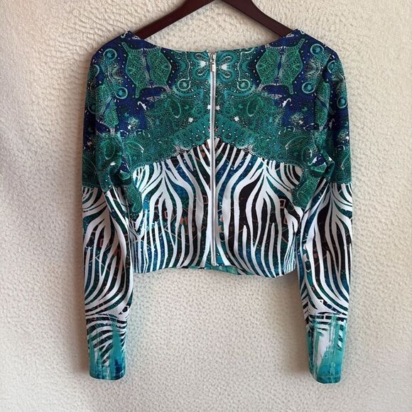 Bebe Back Zip Cut Out‎ Print Crop Top Womens Large Satin - Picture 5 of 6